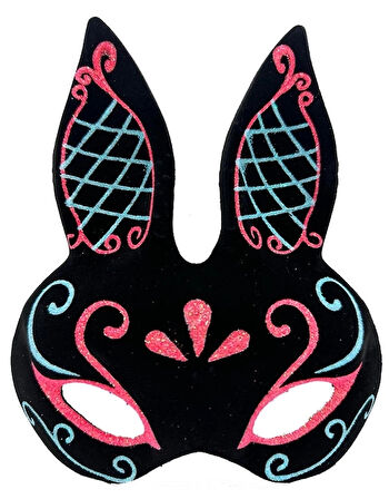 Siyah Renk Mavi Kırmızı Simli Siyah Süet Kaplama Tavşan Maskesi 18x16 Cm