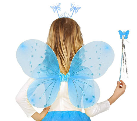 Mavi Kelebek Erkek-kız Seti – 50 Cm Kelebek Kanadı, Taç Ve Asa