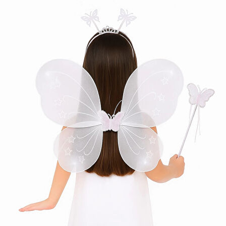 Beyaz Kelebek Kız Seti – 50 Cm Kelebek Kanadı, Taç Ve Asa