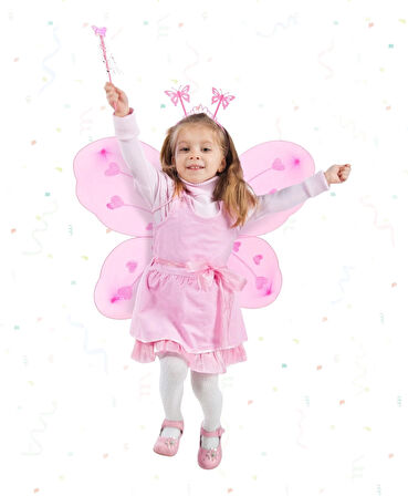 Pembe Kelebek Kız Seti – 50 Cm Kelebek Kanadı, Taç Ve Asa