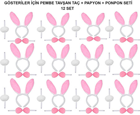 Pembe Tavşan Kostüm Seti – Taç, Papyon, Ponpon (12’li Paket)