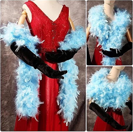 Açık Mavi Renk Kabarık Kalın Otriş Boa Tüy 6 Cm Genişlik 180-200 Cm Uzunluk