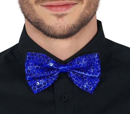 Gece Işıltısı Mavi Payetli Pullu Papyon 7x2 Cm