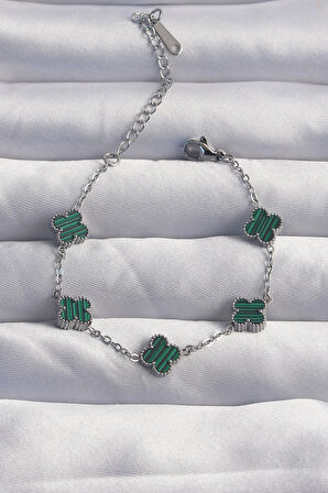 316L Çelik Baby Boy Gümüş Renk Çizgili Yeşil Mineli Yonca Bileklik