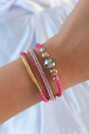 Pembe Renk Zirkon Taşlı Deri Çoklu Bileklik