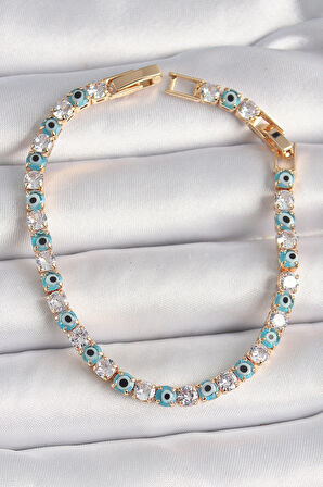 Pirinç Gold Renk Su Yolu Zirkon Taşlı Nazar Boncuklu Kadın Bileklik