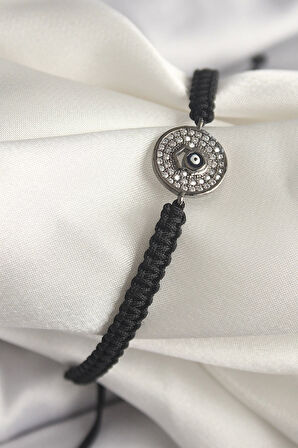 Pirinç Füme Renk Zirkon Taşlı Nazar Boncuk İşleme Makrome Asansörlü Model Kadın Bileklik