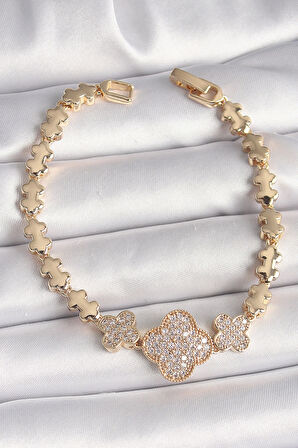 Pirinç Gold Renk Zirkon Taşlı Yonca Model Zincir Kadın Bileklik