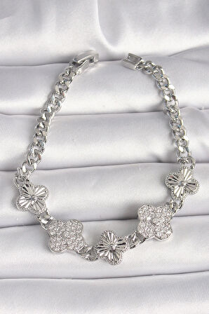 Pirinç Gümüş Renk Zincir Yonca Model Kadın Bileklik