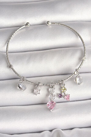 Pirinç Gümüş Renk Sallantı Zirkon Taşlı Kalp Figür Charm Kadın Bileklik