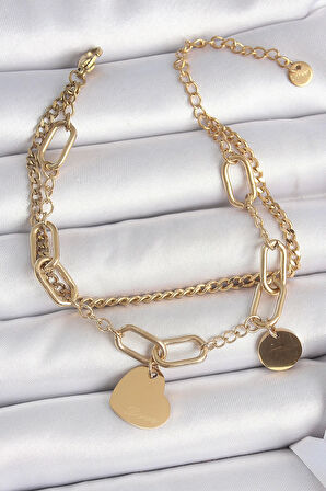 316L Çelik Gold Renk 2'Li Zincir Model Sallantı Kalp Figür Kadın Bileklik