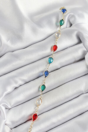 Pirinç Gold Renk Karışık Renk Damla Zirkon Taşlı Kadın Bileklik