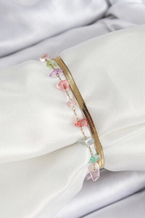 316L Çelik Gold Renk Kristal Karışık Renkli Taşlı Kadın Bileklik