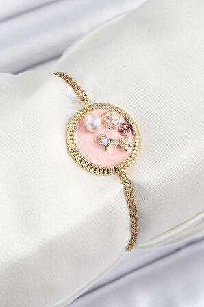 316L Çelik Zincir Pembe Mineli Sanatsal Portre İnci Detaylı Çiçek Model Gold Renk Kadın Bileklik