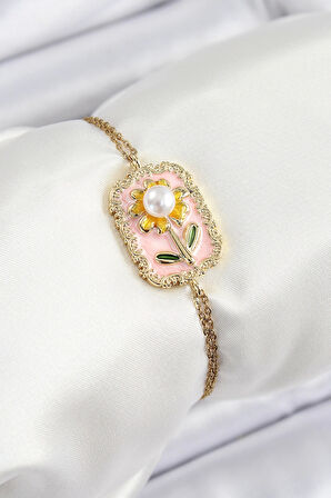 316L Çelik Zincir Pembe Mineli Sanatsal Portre İnci Detaylı Papatya Model Gold Renk Kadın Bileklik