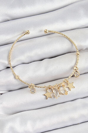 Pirinç Zirkon Taşlı Kelebek Ve Yıldız Model Gold Renk Charm Bileklik