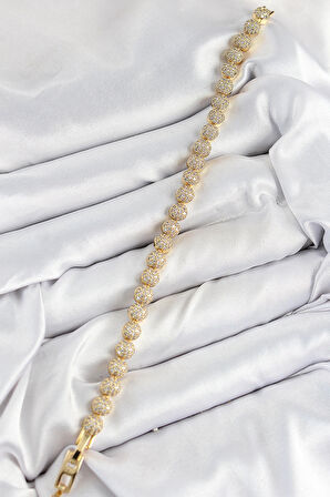 Pirinç Zirkon Taşlı Yarım Topcuk Model Gold Renk VIP Seri Kadın Bileklik