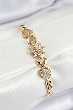 Pirinç Zirkon Taşlı Kalp Detaylı Çiçek Model Gold Renk Kadın Bileklik
