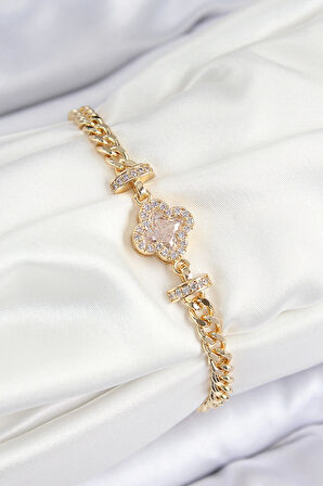 Pirinç Zirkon Taşlı Yonca Model Gold Renk Kadın Bileklik