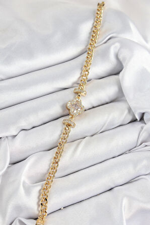 Pirinç Zirkon Taşlı Yonca Model Gold Renk Kadın Bileklik