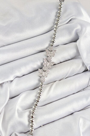 Pirinç Zirkon Taşlı Kelebek Model Gümüş Renk Kadın Bileklik