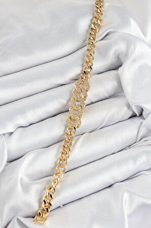 Pirinç Zirkon Taşlı Ezme Küba Zincir Model Gold Renk Kadın Bileklik