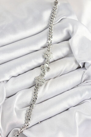 Pirinç Zirkon Taşlı Yonca Model Gümüş Renk Kadın Bileklik