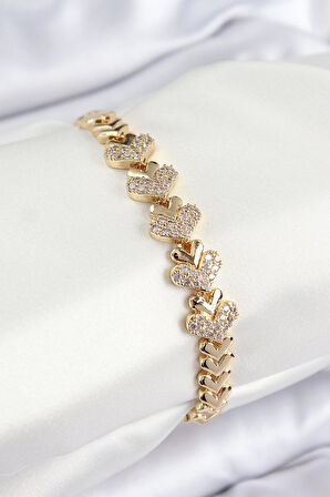 Pirinç Zirkon Taşlı Kalp Model Gold Renk Kadın Bileklik