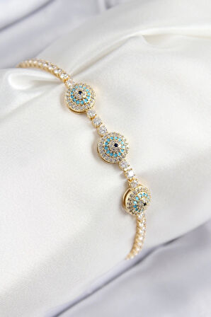 Pirinç Zirkon Taşlı Nazar Model Gold Renk Kadın Bileklik