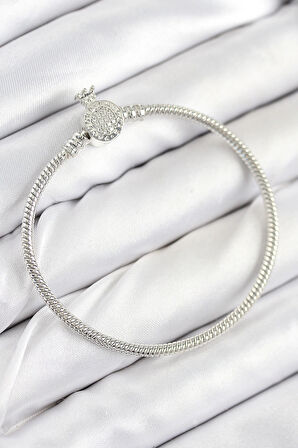 Pirinç Charm Zirkon Taşlı Taç Model Gümüş Renk Kadın Bileklik