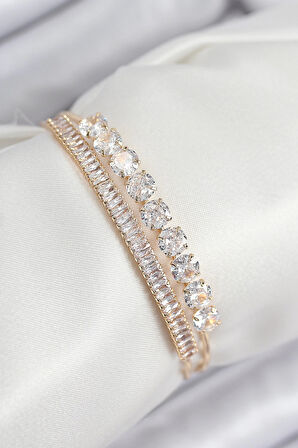 Pirinç Zirkon Taşlı Su Yolu Model Gold Renk Kadın Bileklik