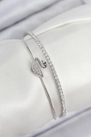 Pirinç Zirkon Taşlı Kuğu Model Gümüş Renk Kadın Bileklik