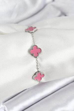 316L Çelik Gümüş Zincir Pembe Renk Yonca Bileklik