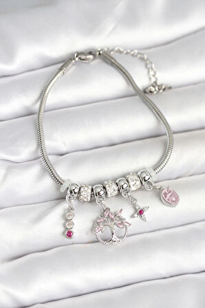 Pirinç Gümüş Renk Yaşam Ağacı Charmlı Kadın Bileklik