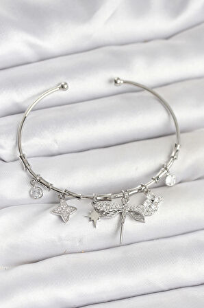 Yusufçuk Charmlı Gümüş Renk Pirinç Kadın Bileklik