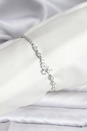 Çiçekli Model Zirkon Taşlı Gümüş Renk Su Yolu Kadın Bileklik