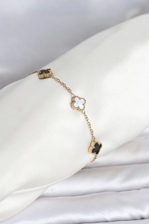 316L Çelik Gold Renk Siyah Beyaz Baby Yonca Model Kadın Bileklik