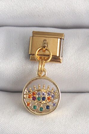 316L Çelik Gold Renk Sallantı Renkli Zirkon Taşlı Göz Model Nomination Charm
