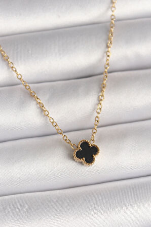 316L Çelik Gold Renk Siyah Yonca Model Kadın Kolye