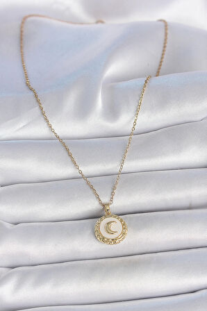 316L Çelik Gold Renk Zincir Beyaz Mineli Hilal İşlemeli Madalyon Model Kadın Kolye