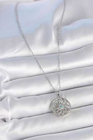 316L Çelik Gümüş Renk Zincir Mavi Taşlı Lotus Model Kadın Kolye