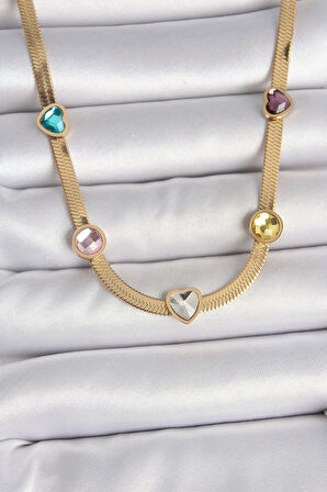 316L Çelik Gold Renk İtalyan Zincir Renkli Zirkon Taşlı Kalp Figür Kadın Kolye