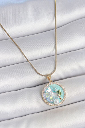 316L Çelik Gold Renk Zincir Zirkon Taş Detaylı Mavi Mineli Çiçek İşlemeli İnci Detay Kadın Kolye