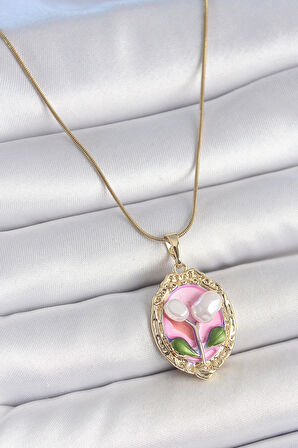 316L Çelik Gold Renk Zincir Pembe Mineli İncili Çiçek İşlemeli Portre Model Kadın Kolye