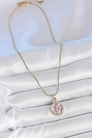 316L Çelik Gold Renk Zincir Mor Mineli Çiçek İşlemeli Portre Model Kadın Kolye