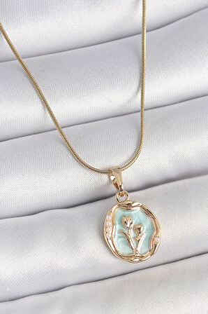 316L Çelik Gold Renk Zincir Turkuaz Mineli Çiçek İşlemeli Portre Model Kadın Kolye