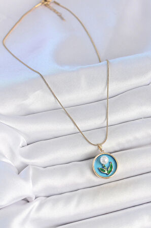 316L Çelik Gold Renk Zincir Mavi Mineli İncili Çiçek İşlemeli Portre Model Kadın Kolye