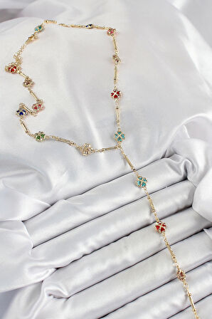 Pirinç Asorti Kalpli Yonca Model Gold Renk Zirkon Taşlı Y Kolye