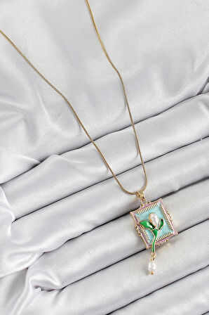 316L Çelik Zincir Turkuaz Sanatsal Portre Sallantılı İnci Detaylı Lale Model Gold Renk Kadın Kolye