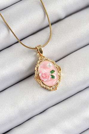 316L Çelik Zincir Pembe Sanatsal Portre İnci Detaylı Gül Figürlü Model Gold Renk Kadın Kolye